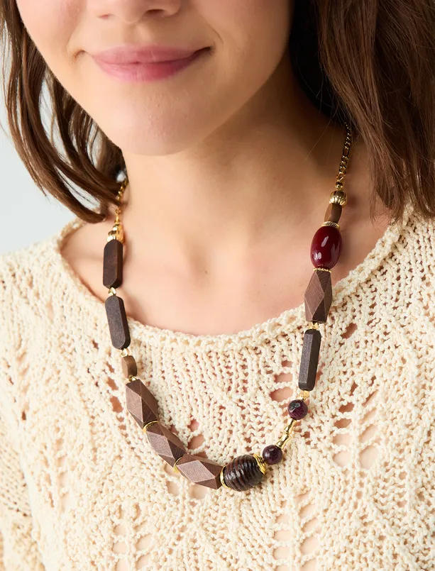 Bayan  Ahşap Boncuk Detaylı Ayarlanabilir Kolye