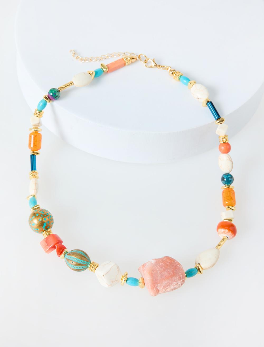 Doğal Taş Detaylı Bohem Ayarlanabilir Kolye