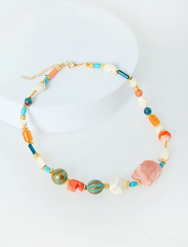 Bayan Karışık Doğal Taş Detaylı Bohem Ayarlanabilir Kolye