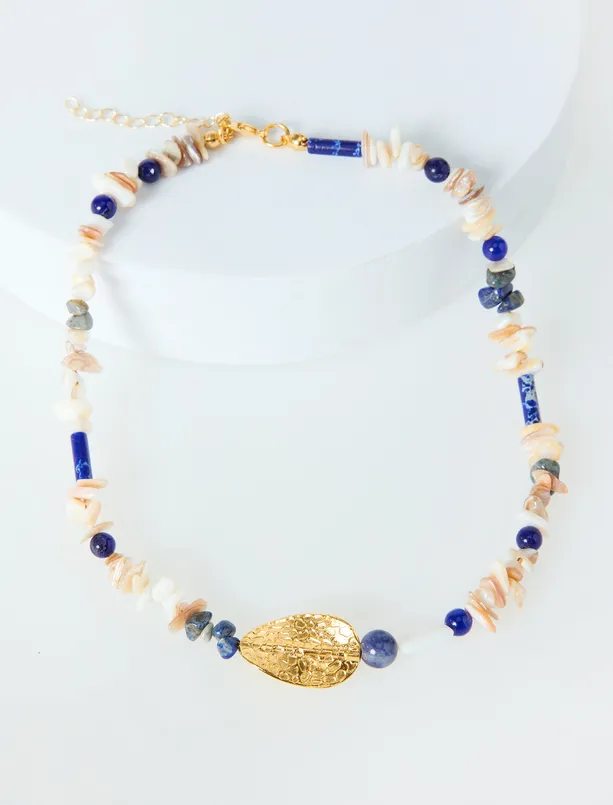 Bayan  Metal Yaprak Figürlü Doğal Taşlı Ayarlanabilir Kolye