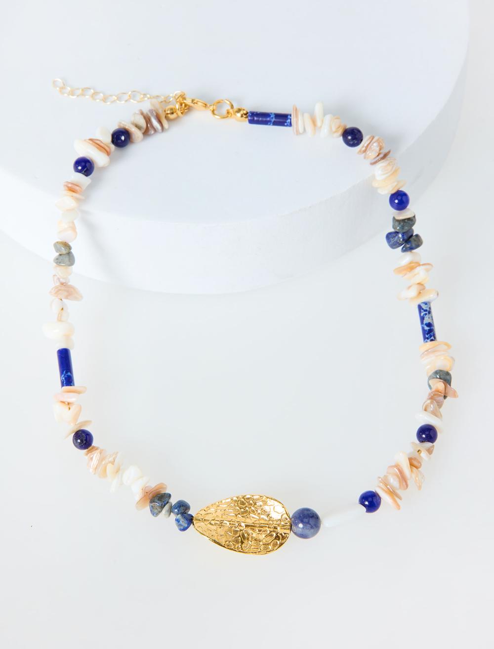 Metal Yaprak Figürlü Doğal Taşlı Ayarlanabilir Kolye