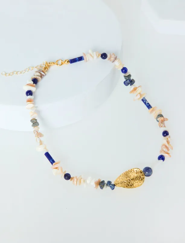 Bayan Mavi Metal Yaprak Figürlü Doğal Taşlı Ayarlanabilir Kolye