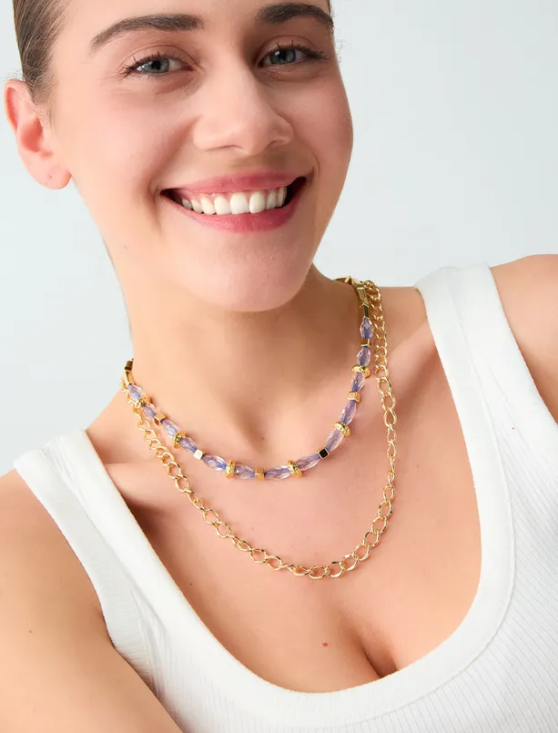 Bayan  Parlak Boncluk Detaylı İkili Kolye