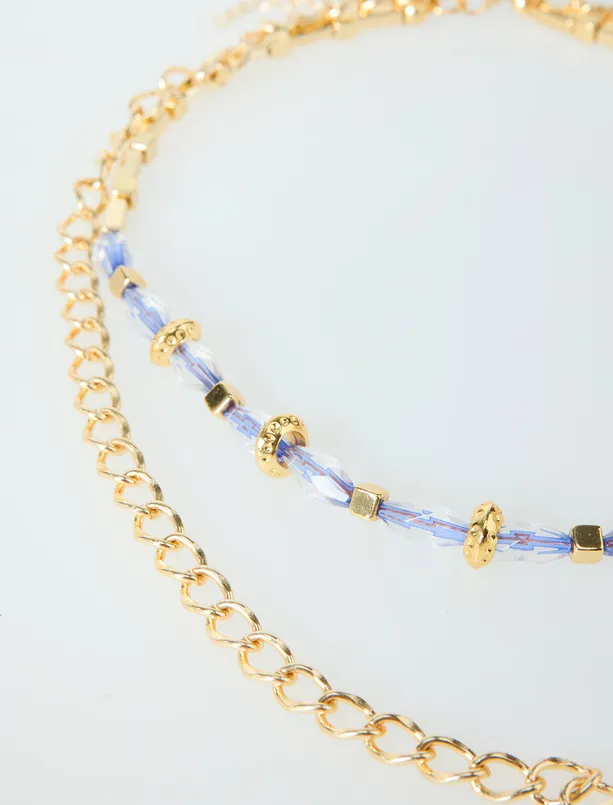 Bayan Karışık Parlak Boncluk Detaylı İkili Kolye