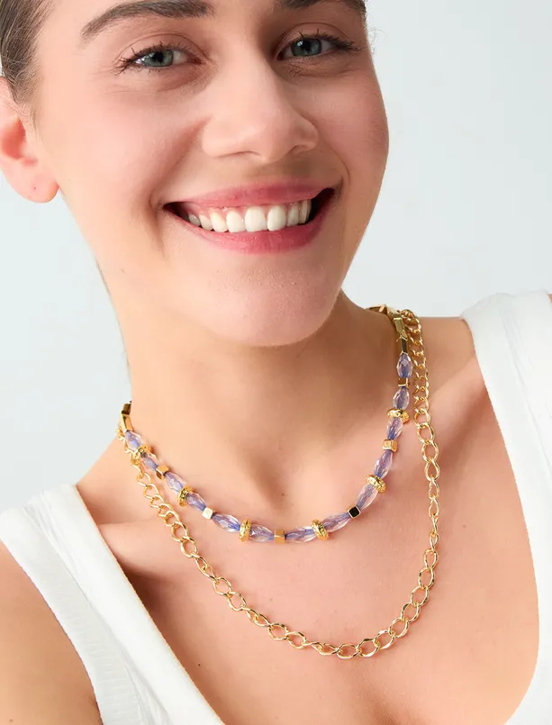 Bayan  Parlak Boncluk Detaylı İkili Kolye