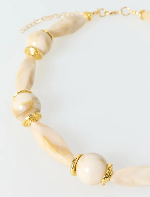 Bayan Bej Mermer Desenli Ayarlanabilir Boncuk Kolye