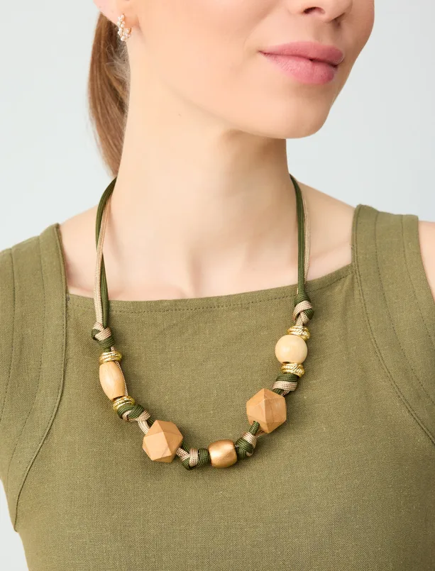 Bayan  Ahşap Detaylı İpli Kolye