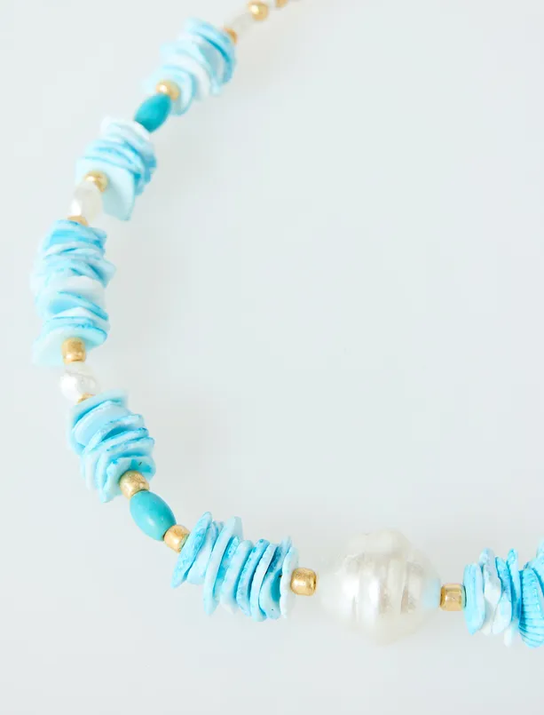 Bayan Mavi Çoklu Boncuk Detaylı Ayarlanabilir Kolye