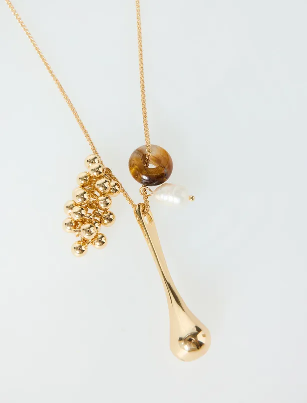 Bayan Sarı Metal Figürlü İnci Detaylı Ayarlanabilir Kolye