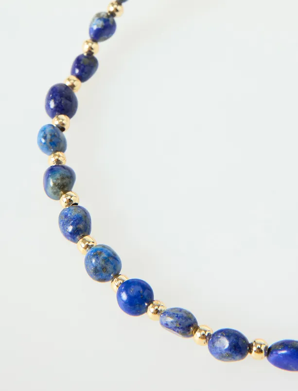Women Dark Blue Natural Stone Detailed Shiny Beaded Adjustable Necklace