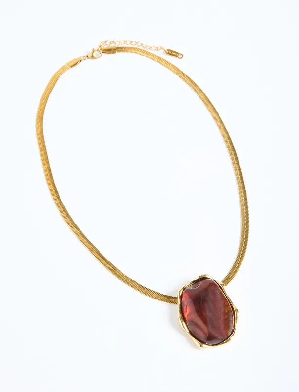 Bayan Kahverengi Taş Detaylı Ayarlanabilir İtalyan Zincir Kolye