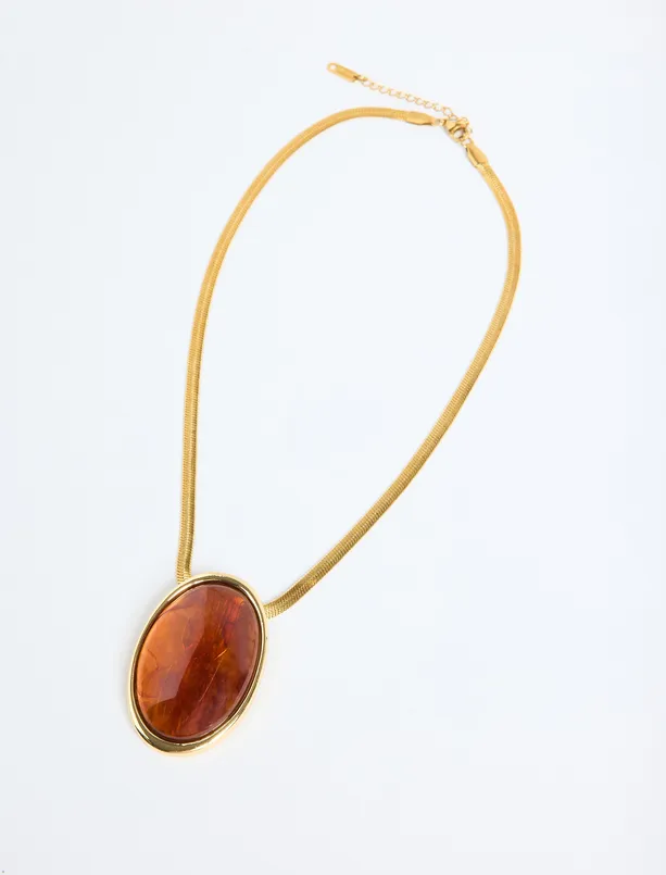 Bayan Kahverengi Büyük Taş Detaylı Ayarlanabilir İtalyan Zincir Kolye