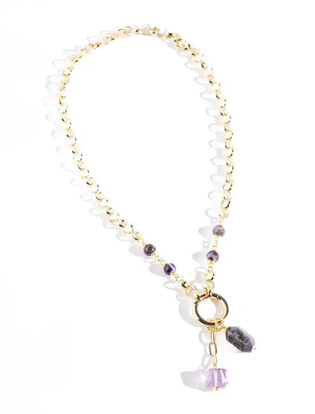 Bayan Sarı İkili Doğal Taş Detaylı Kolye