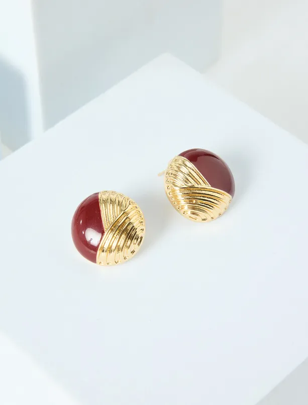 Bayan Kahverengi Parlak Metal Detaylı Yuvarlak Küpe