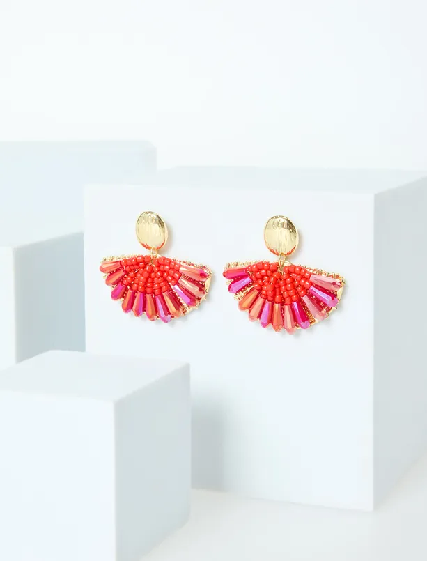 Bayan  Renkli Boncuk Detaylı Sallanan Küpe