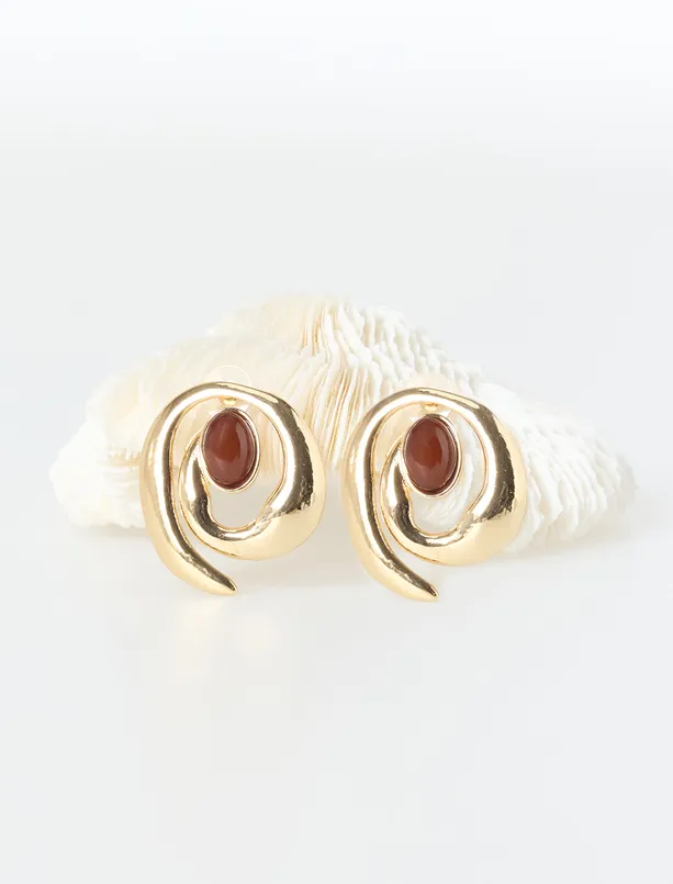 Bayan Sarı Sarmal Figürlü Büyük Taşlı Küpe