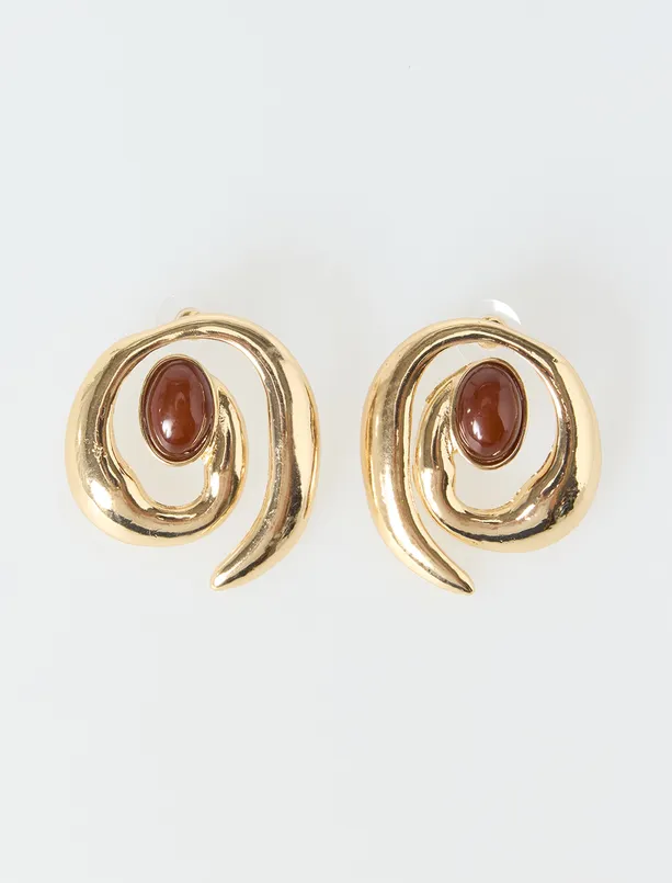 Bayan Sarı Sarmal Figürlü Büyük Taşlı Küpe