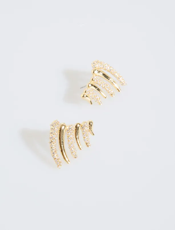 Bayan Sarı Şerit Detaylı Taşlı Küpe