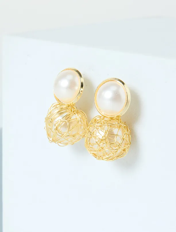 Bayan Sarı Top İnci Detaylı Küpe