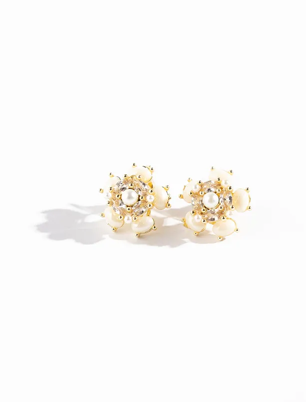 Bayan Gri İncili Çiçek Figürlü Boncuklu Küpe