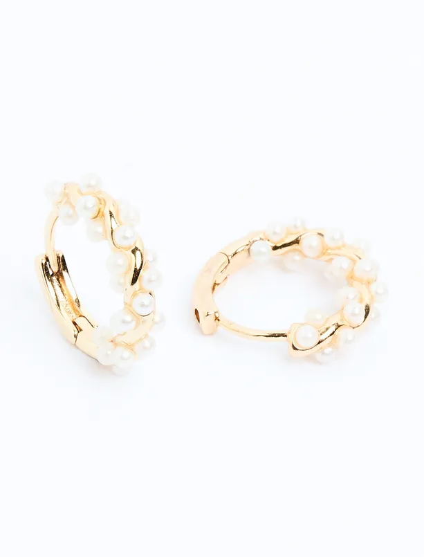 Bayan Sarı İnci Detaylı Parlak Halka Küpe