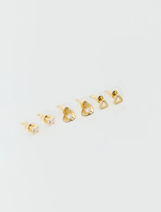 Bayan Sarı Kalp Detaylı Parlak Taşlı Küpe Seti