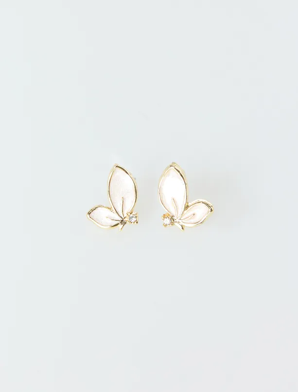 Women White Butterfly Figured Enamel Detailed Earrings
