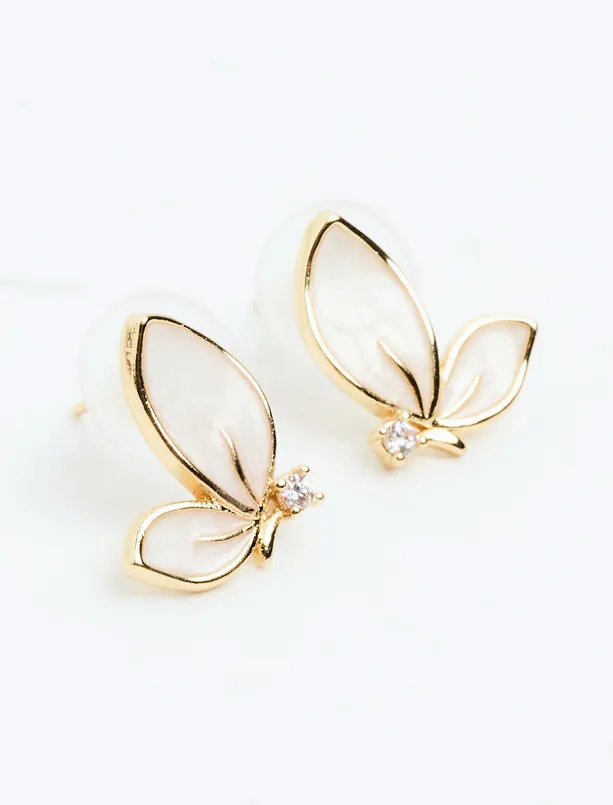 Bayan Beyaz Kelebek Figürlü Mine Detaylı Küpe