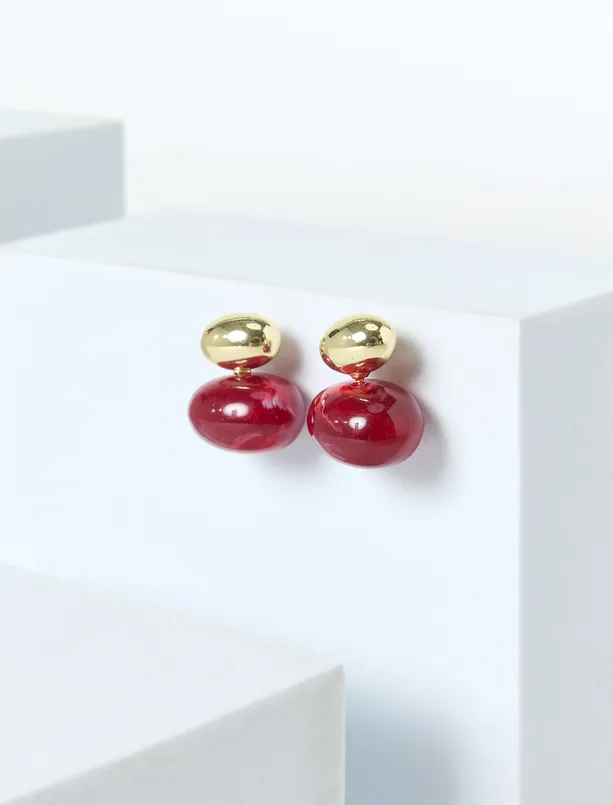 Bayan Kırmızı Modern Oval Figürlü Küpe