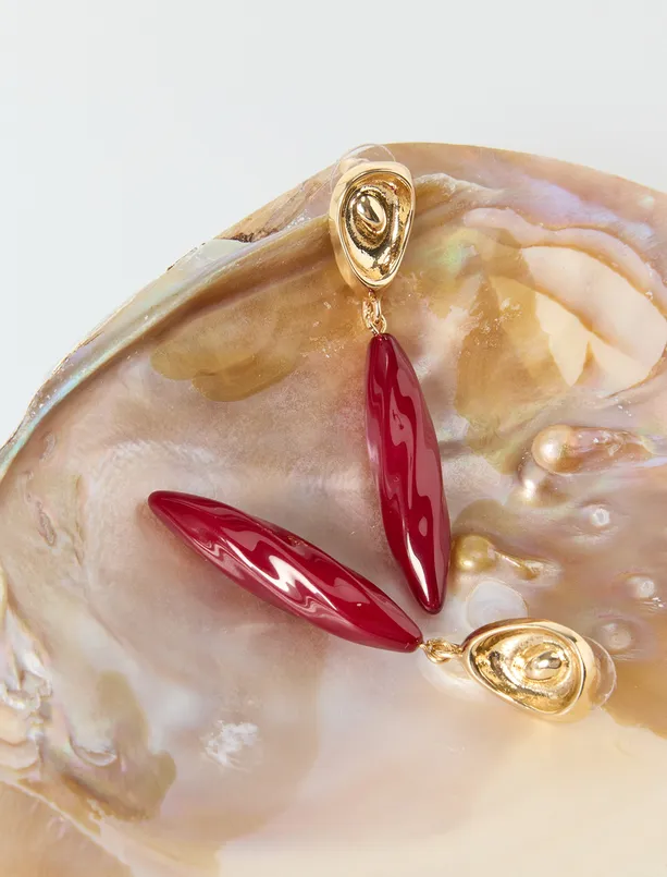 Bayan Bordo Geometrik Figürlü Sallantılı Küpe