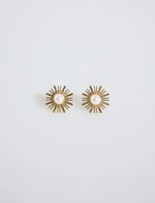 Bayan Sarı Güneş Figürlü İncili Küpe