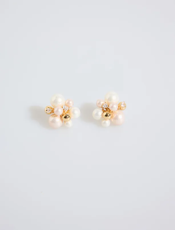 Bayan Sarı Çoklu İnci Detaylı Küpe