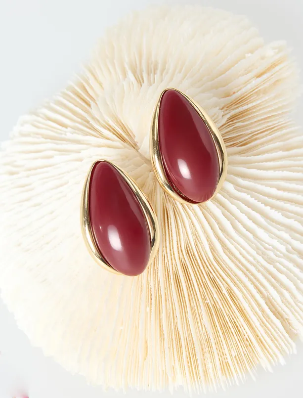 Bayan Bordo Büyük Damla Taş Figürlü Küpe