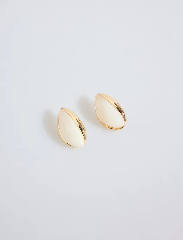 Bayan Ekru Büyük Damla Taş Figürlü Küpe