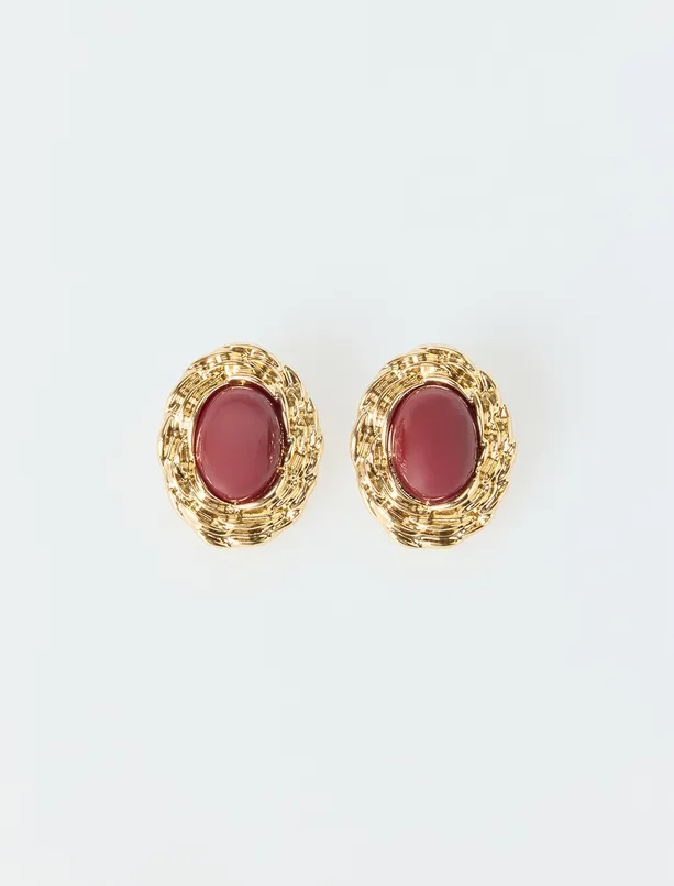 Bayan Bordo Büyük Taş Detaylı Parlak Küpe