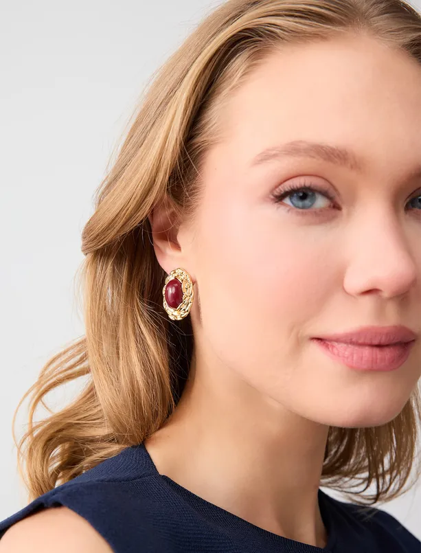 Bayan  Büyük Taş Detaylı Parlak Küpe