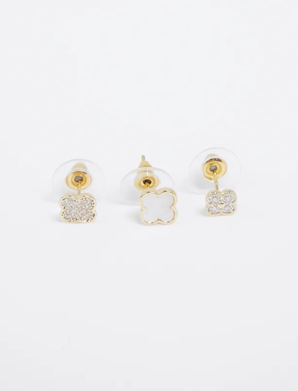 Bayan Beyaz Yonca Figürlü Sedef Detaylı Küpe Seti