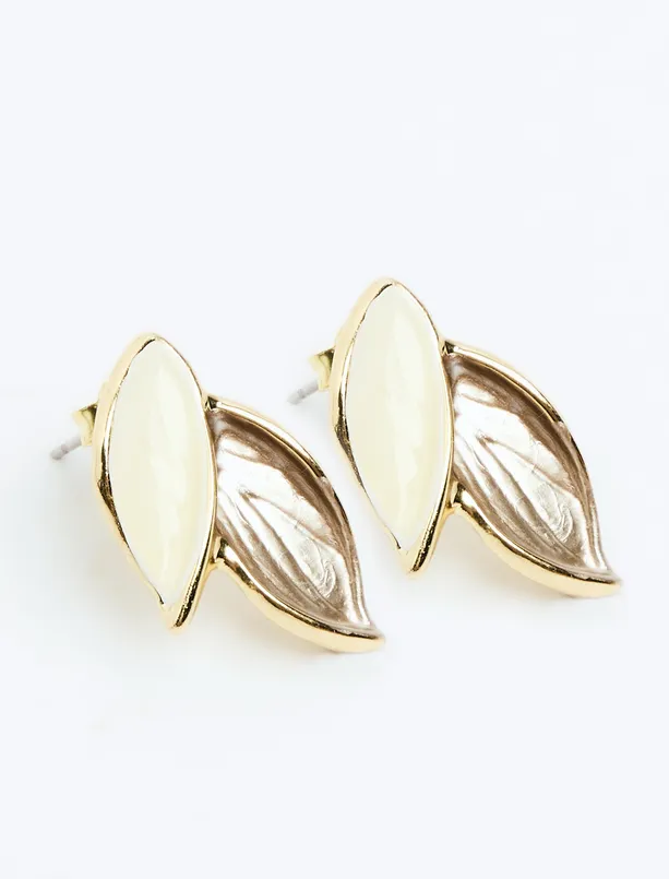 Bayan Beyaz İkili Yaprak Figürlü Küpe