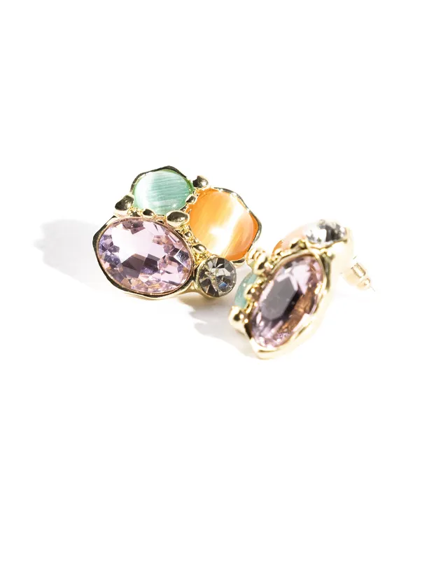 Bayan Karışık Parlak Taş Detaylı Renkli Küpe