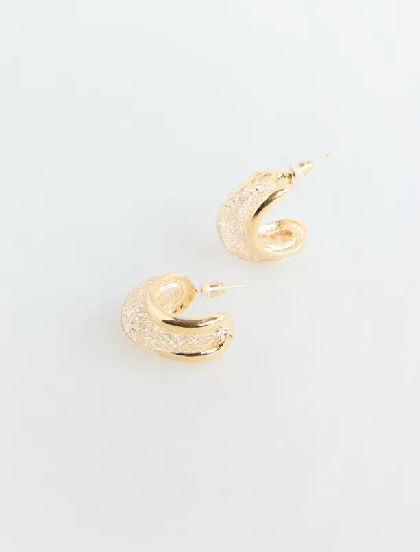 Bayan Sarı Taşlı Parlak Yarım Halka Küpe