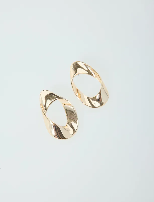 Bayan Sarı İnce Oval Figürlü Parlak Küpe