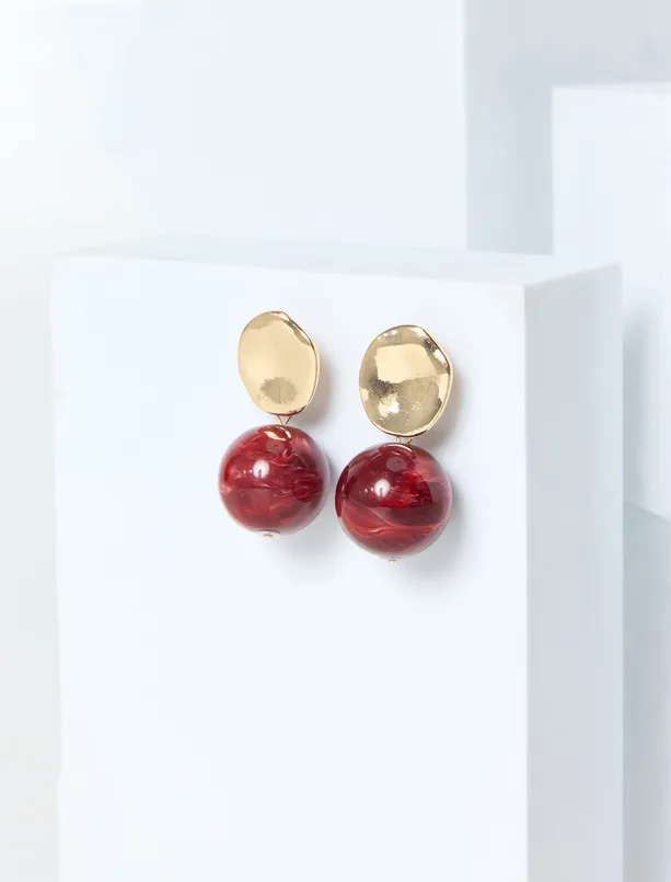 Bayan Bordo Renkli Yuvarlak Taş Figürlü Parlak Küpe