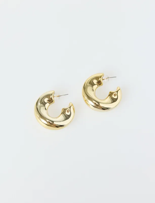 Bayan Sarı Kalın Parlak Yarım Halka Küpe