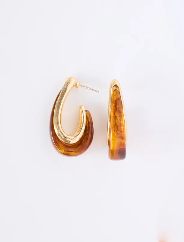 Bayan Kahverengi Oval Formlu Metal Detaylı Vintage Küpe
