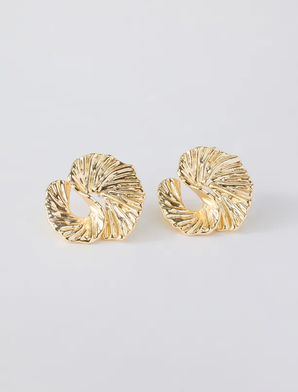 Women Yellow Leaf-Shaped, Curved, and Textured Earrings