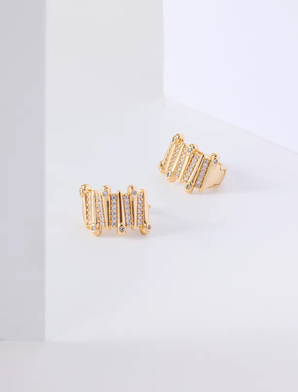 Women Yellow Shiny Half-Circle Earrings with Stone Accents