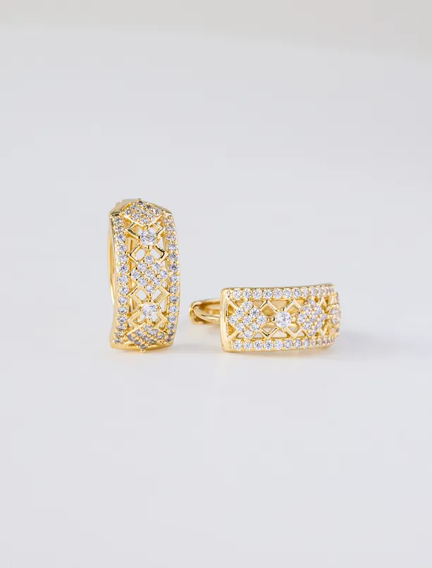 Women Yellow Stone-Detailed Textured Half-Circle Earrings