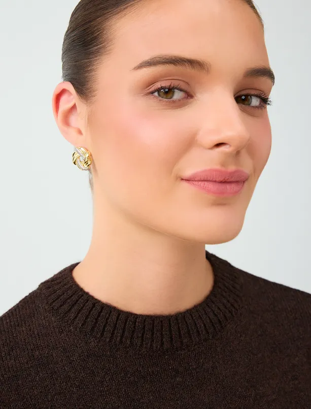 Bayan  Düğüm Detaylı Taşlı Modern Küpe