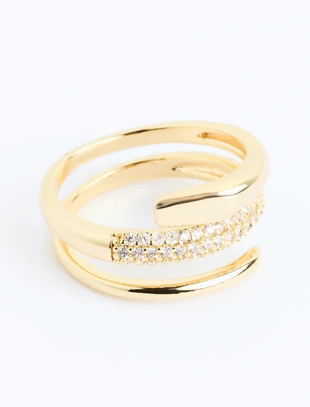 Bayan Sarı Parlak Taş Detaylı Sarmal Yüzük