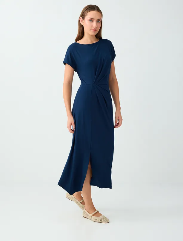 Women Dark Blue Midi Dress with a Boat Neckline and Slit Detail